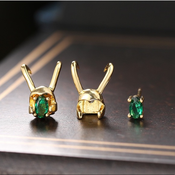 Marvel’s Loki Gold Plated Helmet and Green Crystal Stud Earrings - Picture 2 of 4